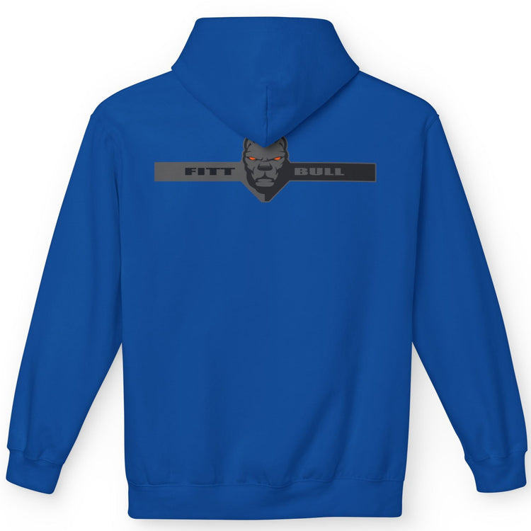 Fitbull sporty hoodie with bodybuilding motivating design Conquer with orange accents back blue.