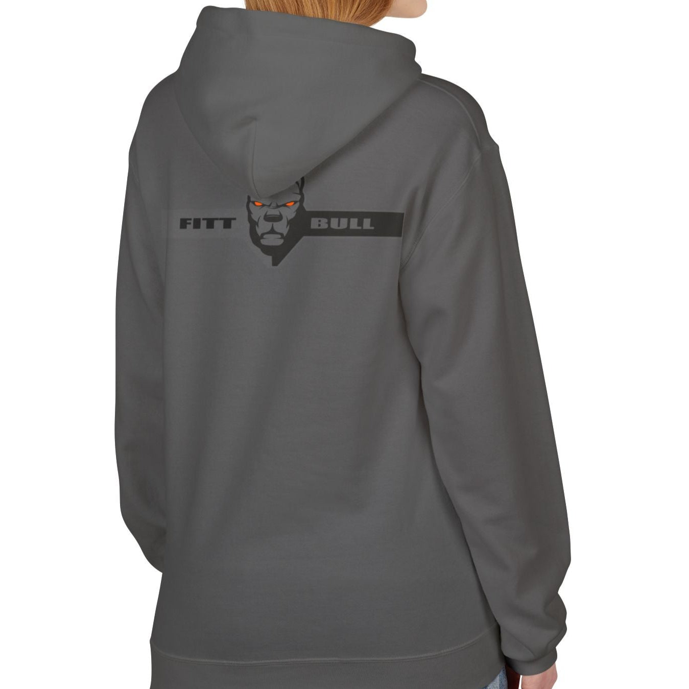 Fitbull sporty hoodie with bodybuilding motivating design Conquer with orange accents back charcoal left.