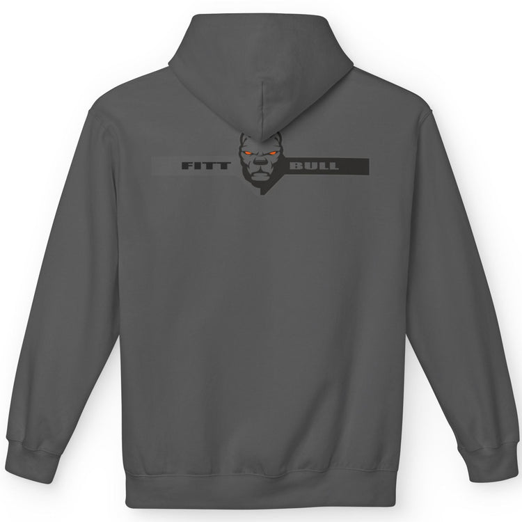 Fitbull sporty hoodie with bodybuilding motivating design Conquer with orange accents back charcoal.