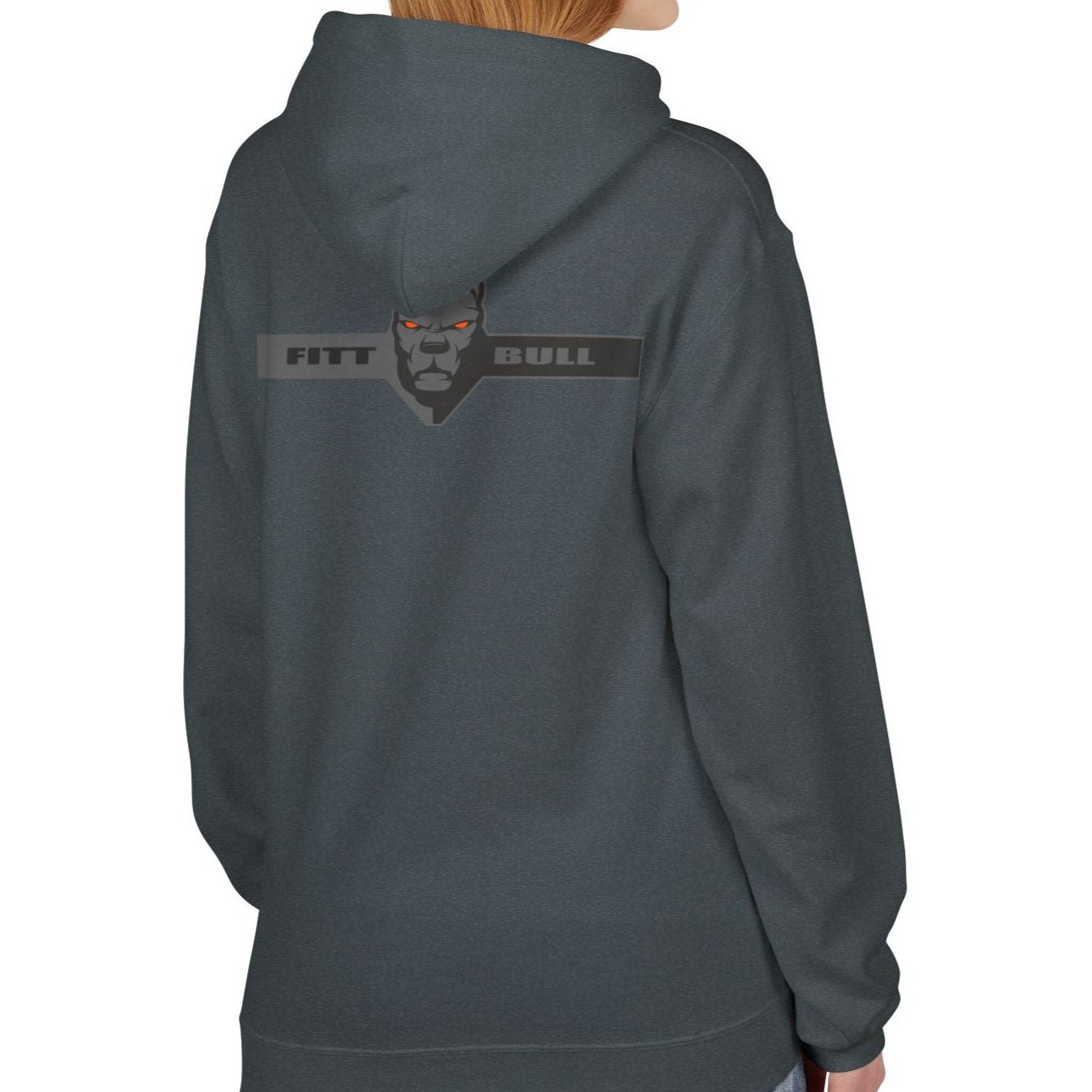 Fitbull sporty hoodie with bodybuilding motivating design Conquer with orange accents back dark grey left.