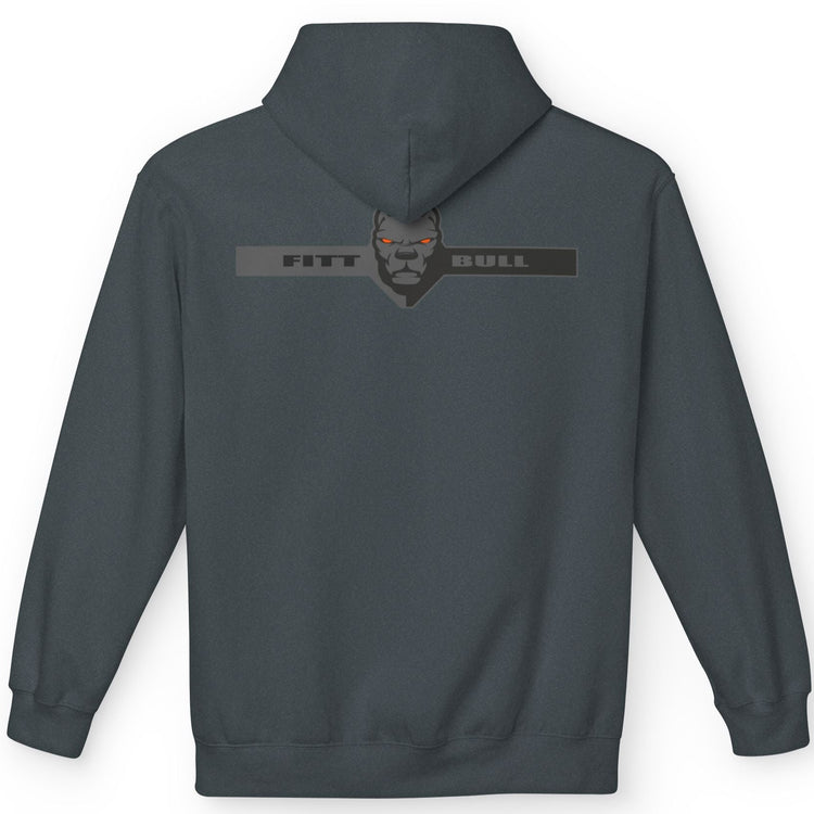 Fitbull sporty hoodie with bodybuilding motivating design Conquer with orange accents back dark grey.