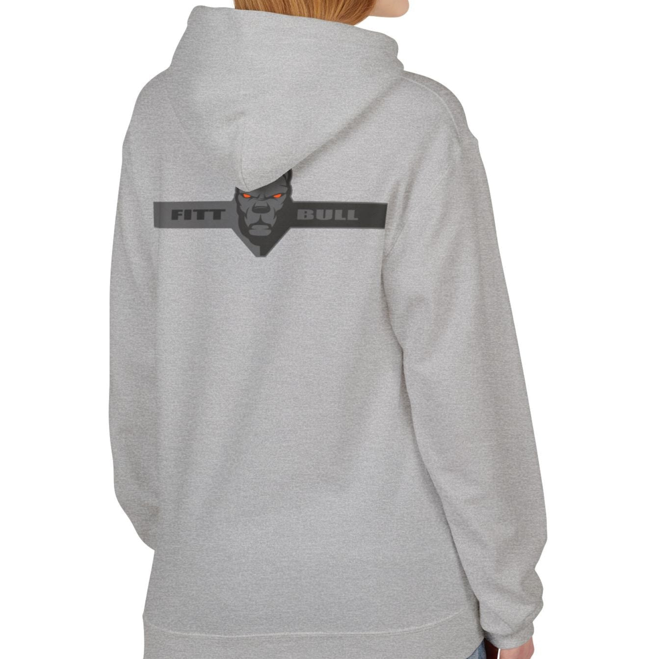 Fitbull sporty hoodie with bodybuilding motivating design Conquer with orange accents back grey left.