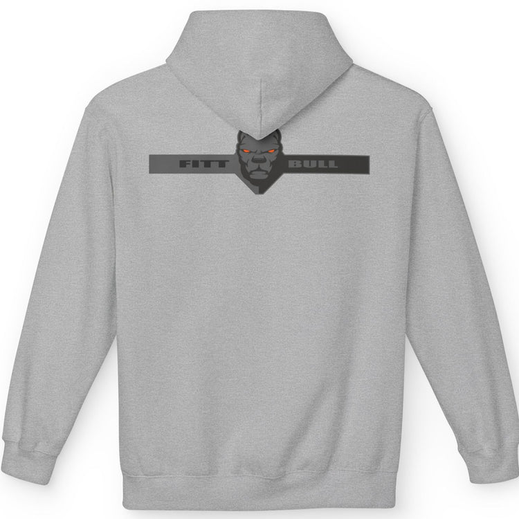 Fitbull sporty hoodie with bodybuilding motivating design Conquer with orange accents back grey.