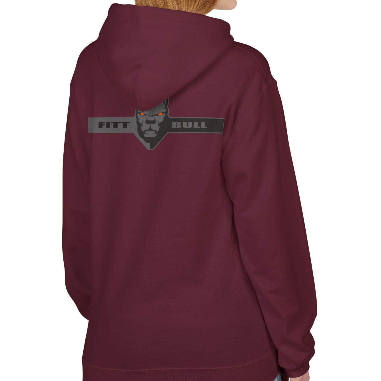 Fitbull sporty hoodie with bodybuilding motivating design Conquer with orange accents back maroon left.