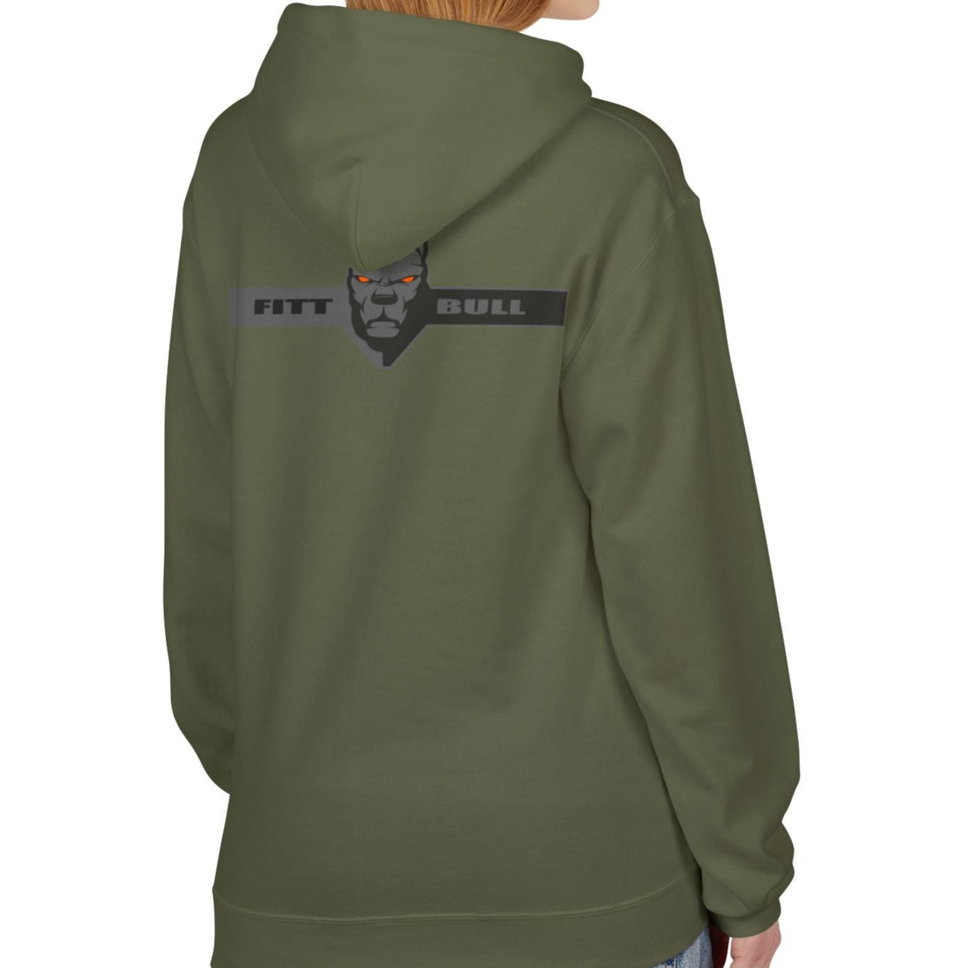 Fitbull sporty hoodie with bodybuilding motivating design Conquer with orange accents back military green left.