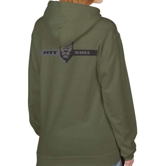 Fitbull sporty hoodie with bodybuilding motivating design Conquer with orange accents back military green left.