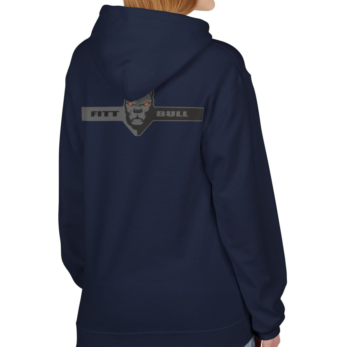 Fitbull sporty hoodie with bodybuilding motivating design Conquer with orange accents back navy left.