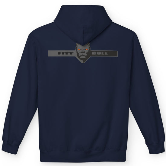 Fitbull sporty hoodie with bodybuilding motivating design Conquer with orange accents back navy blue.