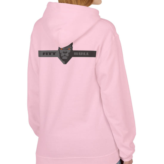 Fitbull sporty hoodie with bodybuilding motivating design Conquer with orange accents back pink left.