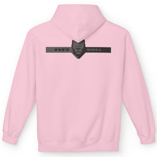Fitbull sporty hoodie with bodybuilding motivating design Conquer with orange accents back pink.