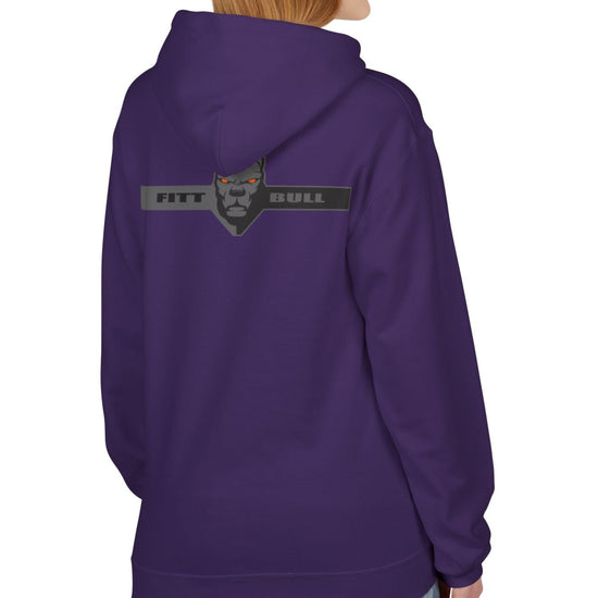 Fitbull sporty hoodie with bodybuilding motivating design Conquer with orange accents back purple left.