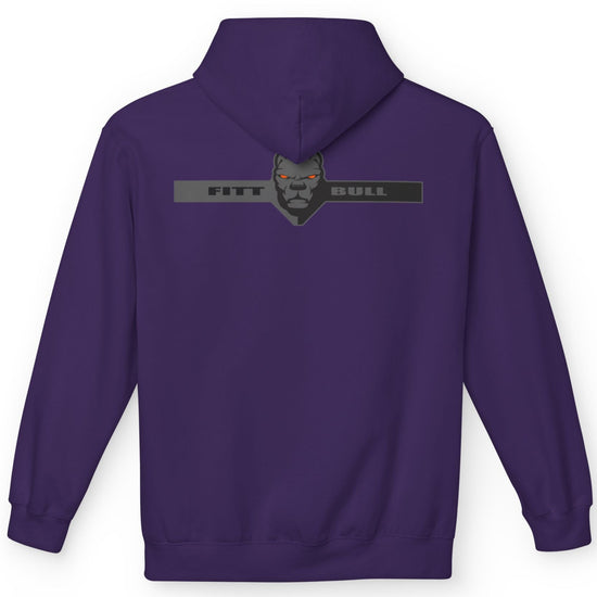 Fitbull sporty hoodie with bodybuilding motivating design Conquer with orange accents back purple.
