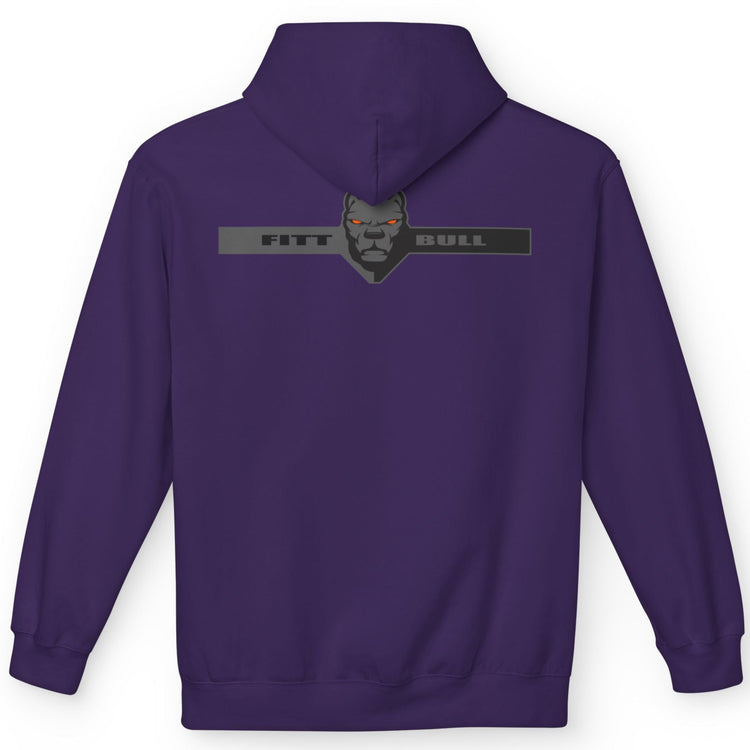Fitbull sporty hoodie with bodybuilding motivating design Conquer with orange accents back purple.