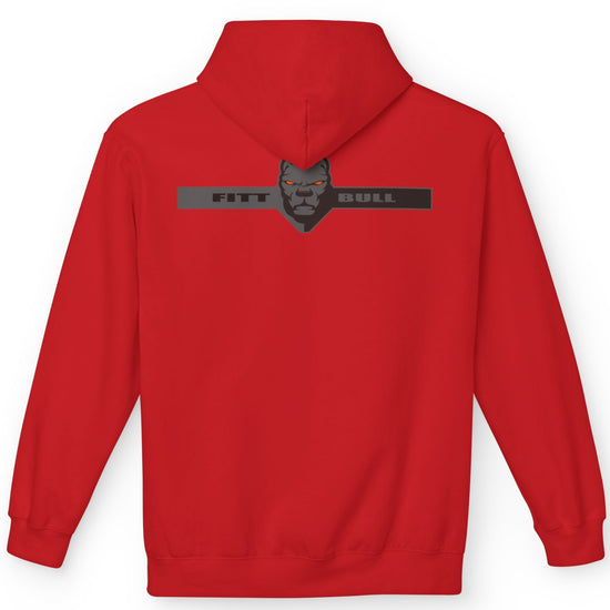 Fitbull sporty hoodie with bodybuilding motivating design Conquer with orange accents back red.