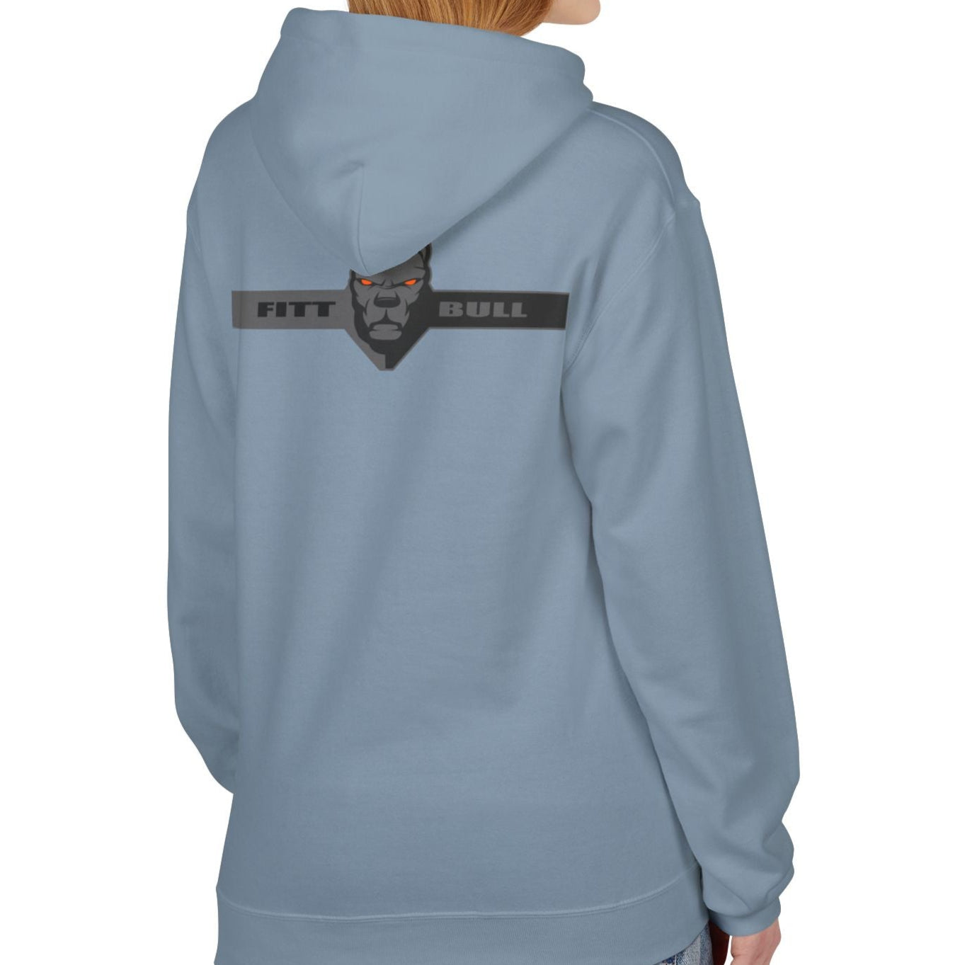 Fitbull sporty hoodie with bodybuilding motivating design Conquer with orange accents back stone blue left.