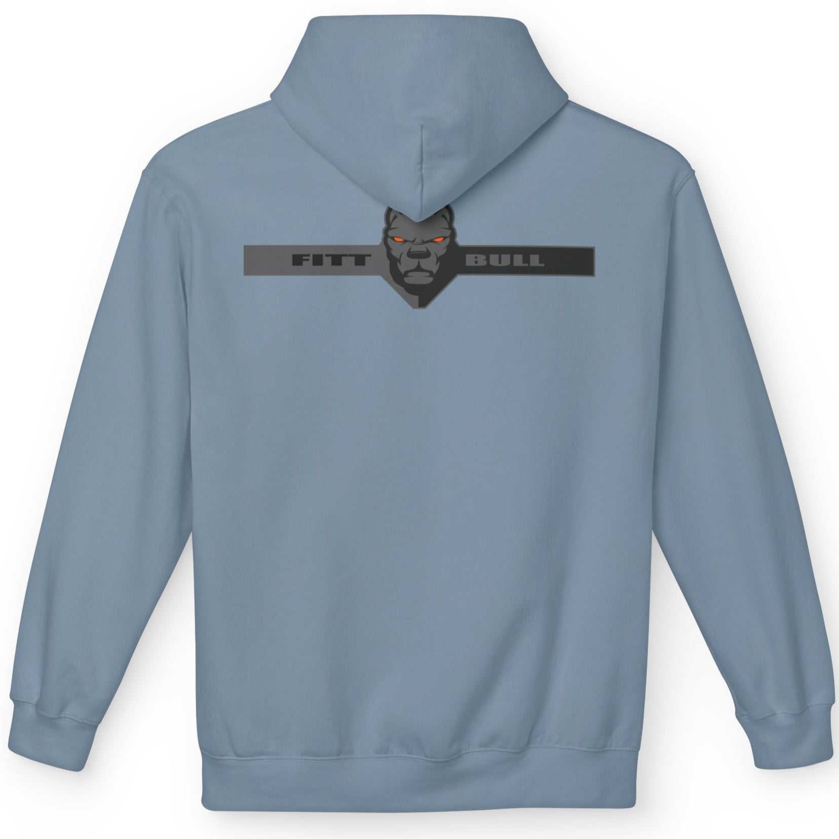 Fitbull sporty hoodie with bodybuilding motivating design Conquer with orange accents back stone blue.