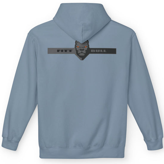 Fitbull sporty hoodie with bodybuilding motivating design Conquer with orange accents back stone blue.