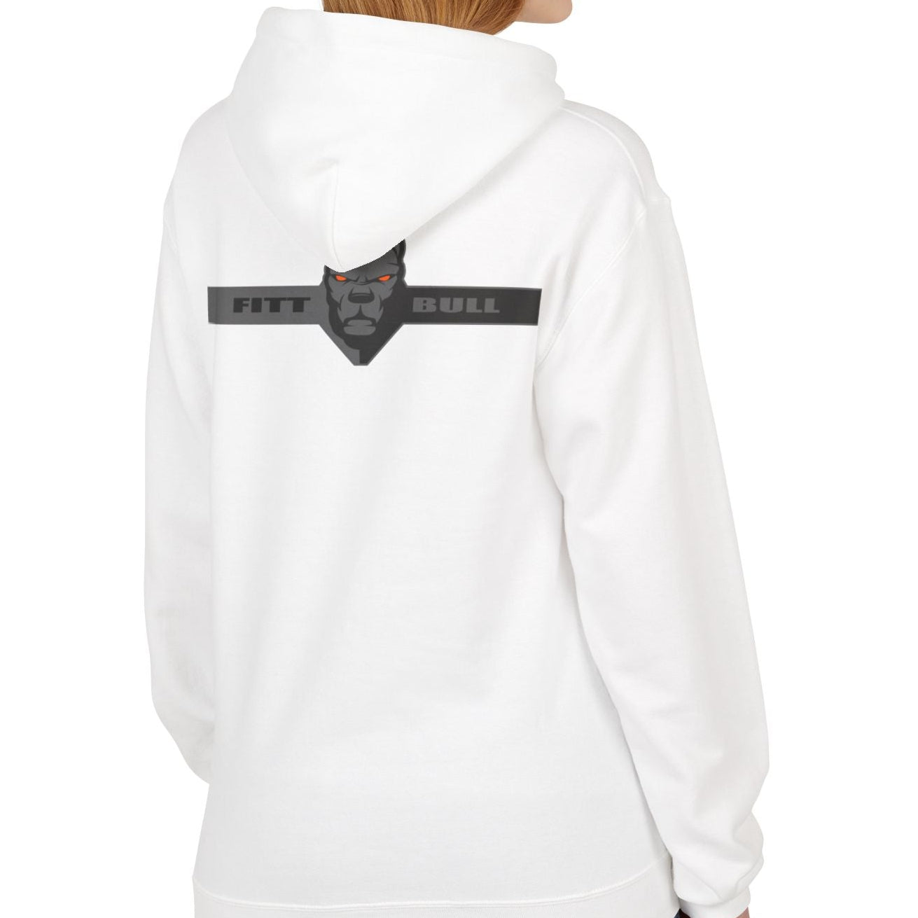 Fitbull sporty hoodie with bodybuilding motivating design Conquer with orange accents back white left.