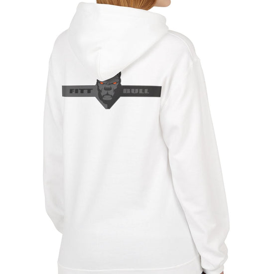 Fitbull sporty hoodie with bodybuilding motivating design Conquer with orange accents back white left.