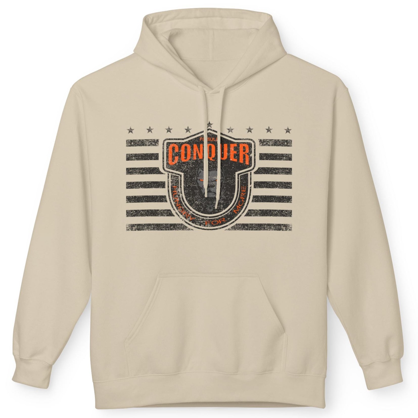  A beige Fitbull sporty hoodie with bodybuilding motivating design Conquer with orange accents.