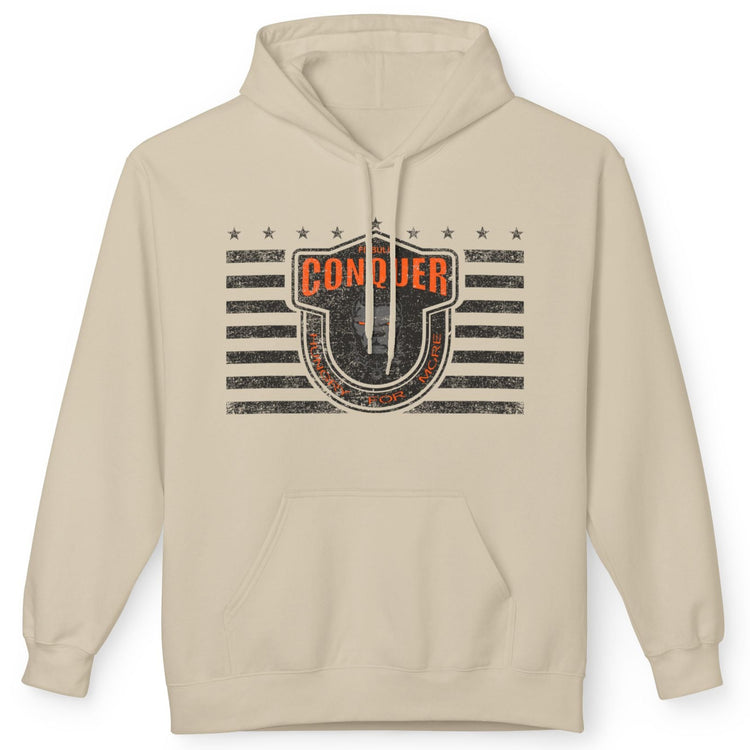 A beige Fitbull sporty hoodie with bodybuilding motivating design Conquer with orange accents.