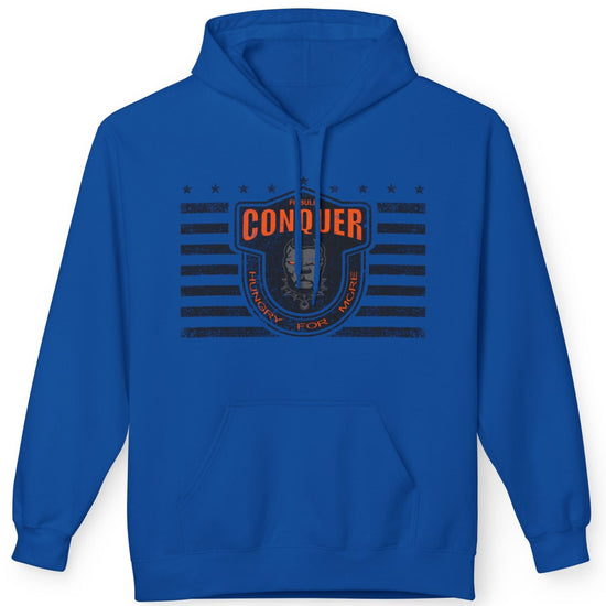A blue Fitbull sporty hoodie with bodybuilding motivating design Conquer with orange accents.