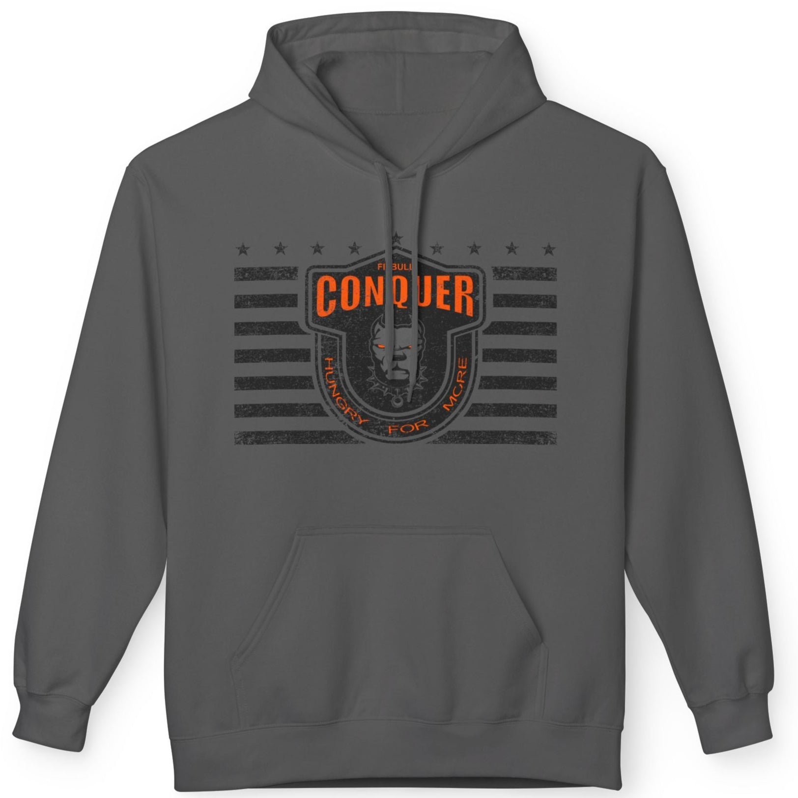 A charcoal Fitbull sporty hoodie with bodybuilding motivating design Conquer with orange accents.