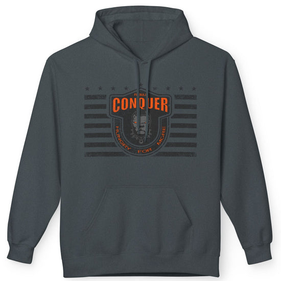 A dark grey Fitbull sporty hoodie with bodybuilding motivating design Conquer with orange accents.