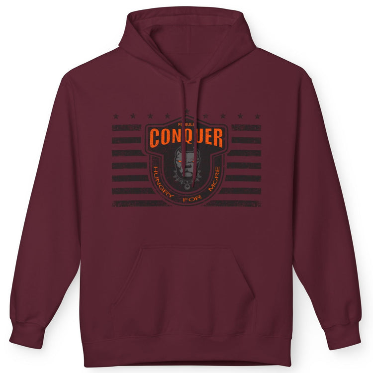 A maroon  Fitbull sporty hoodie with bodybuilding motivating design Conquer with orange accents.
