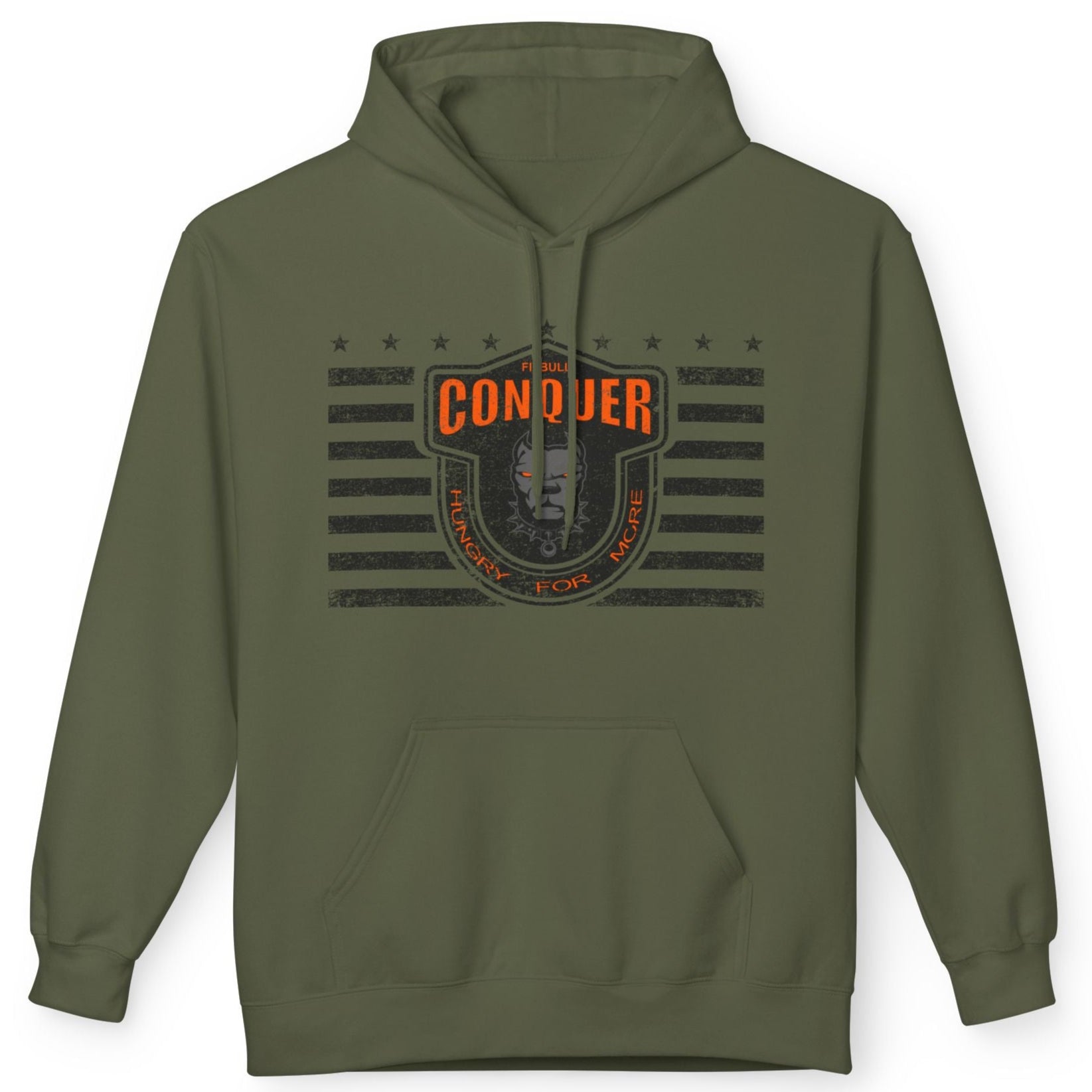 A military green Fitbull sporty hoodie with bodybuilding motivating design Conquer with orange accents.