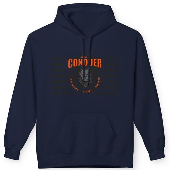 A navy Fitbull sporty hoodie with bodybuilding motivating design Conquer with orange accents.