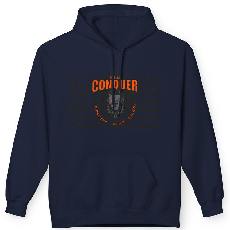 A navy Fitbull sporty hoodie with bodybuilding motivating design Conquer with orange accents.