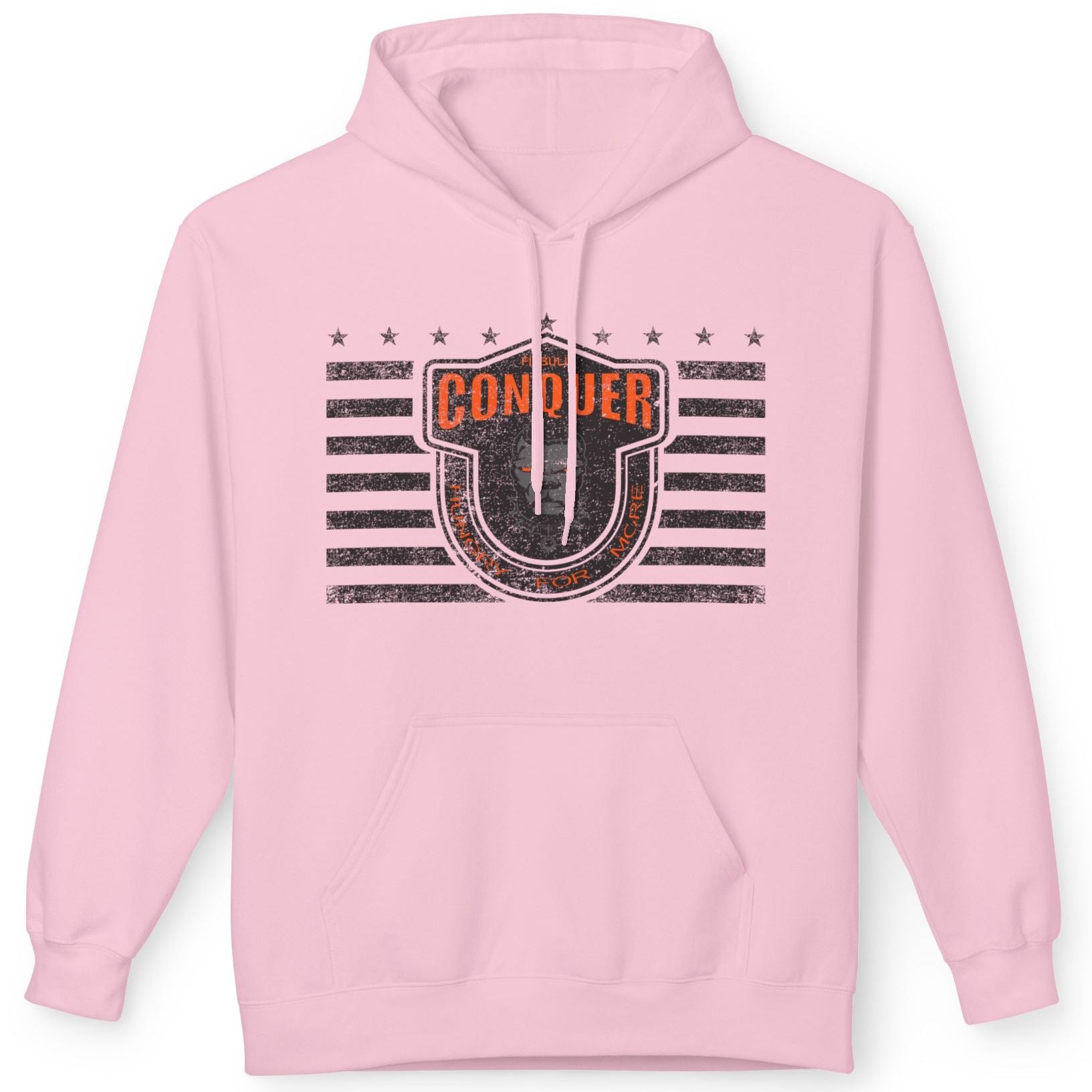 A pink  Fitbull sporty hoodie with bodybuilding motivating design Conquer with orange accents.