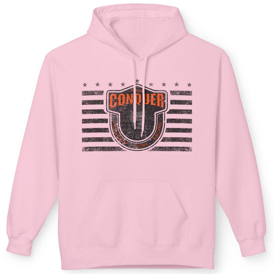 A pink  Fitbull sporty hoodie with bodybuilding motivating design Conquer with orange accents.