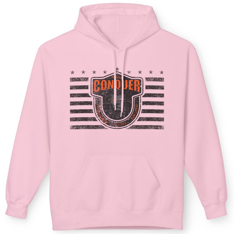 A pink  Fitbull sporty hoodie with bodybuilding motivating design Conquer with orange accents.