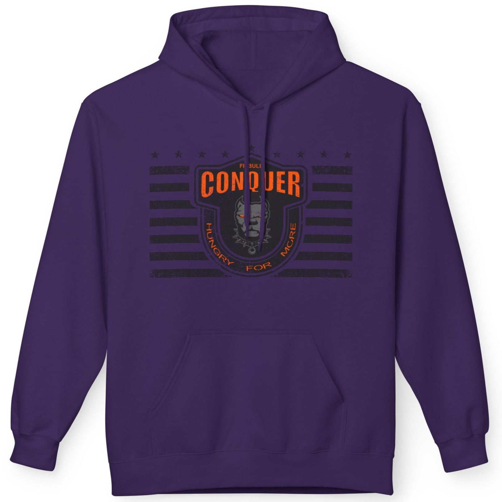 A purple  Fitbull sporty hoodie with bodybuilding motivating design Conquer with orange accents.