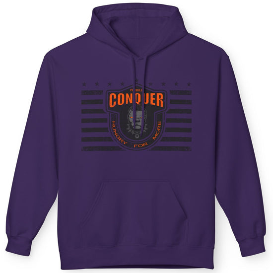 A purple  Fitbull sporty hoodie with bodybuilding motivating design Conquer with orange accents.