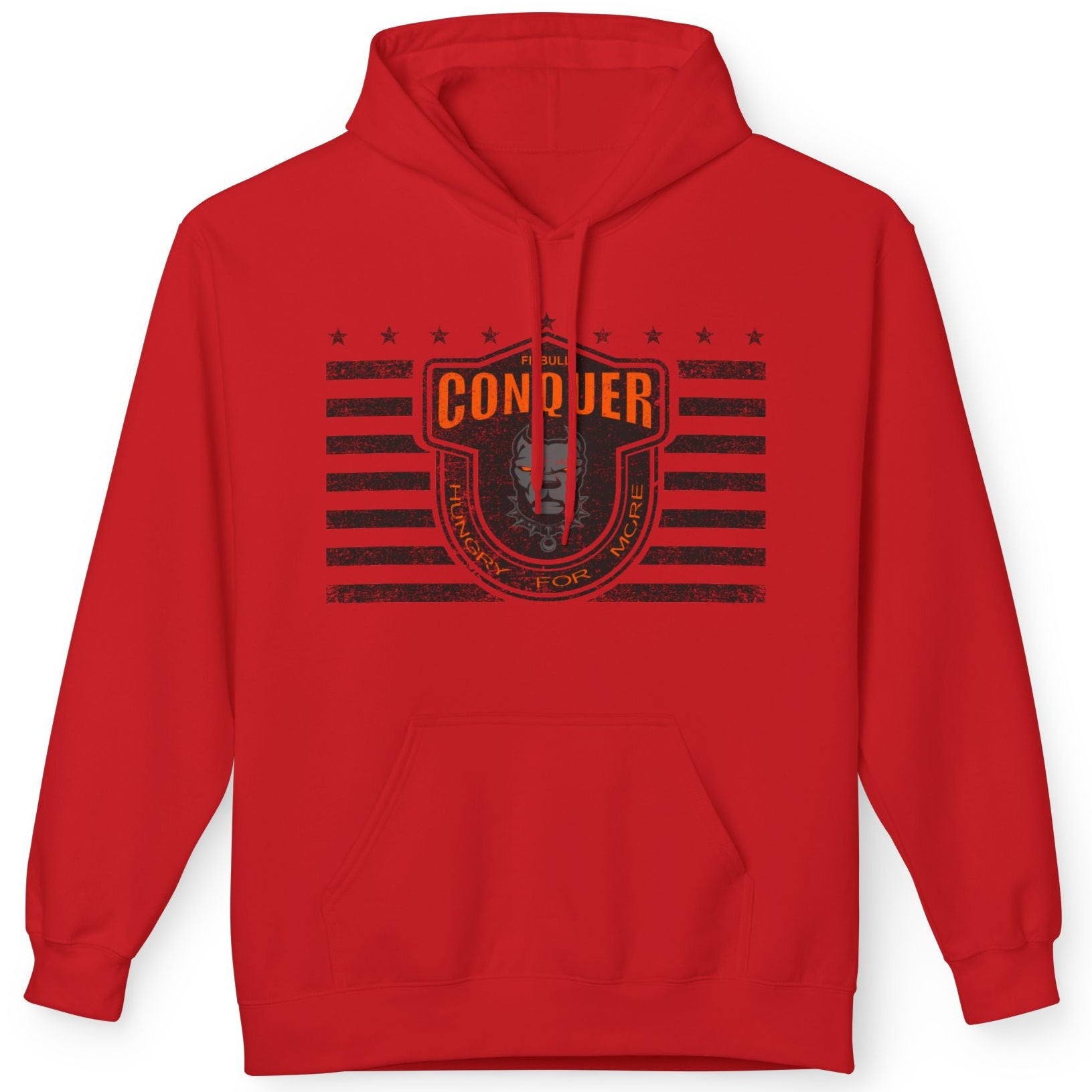 A red Fitbull sporty hoodie with bodybuilding motivating design Conquer with orange accents.