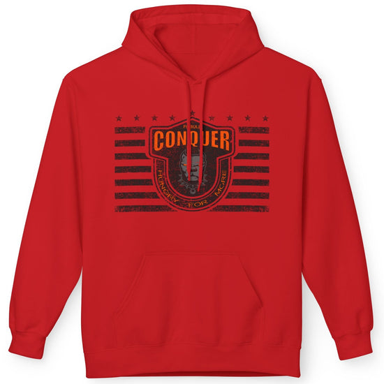 A red Fitbull sporty hoodie with bodybuilding motivating design Conquer with orange accents.