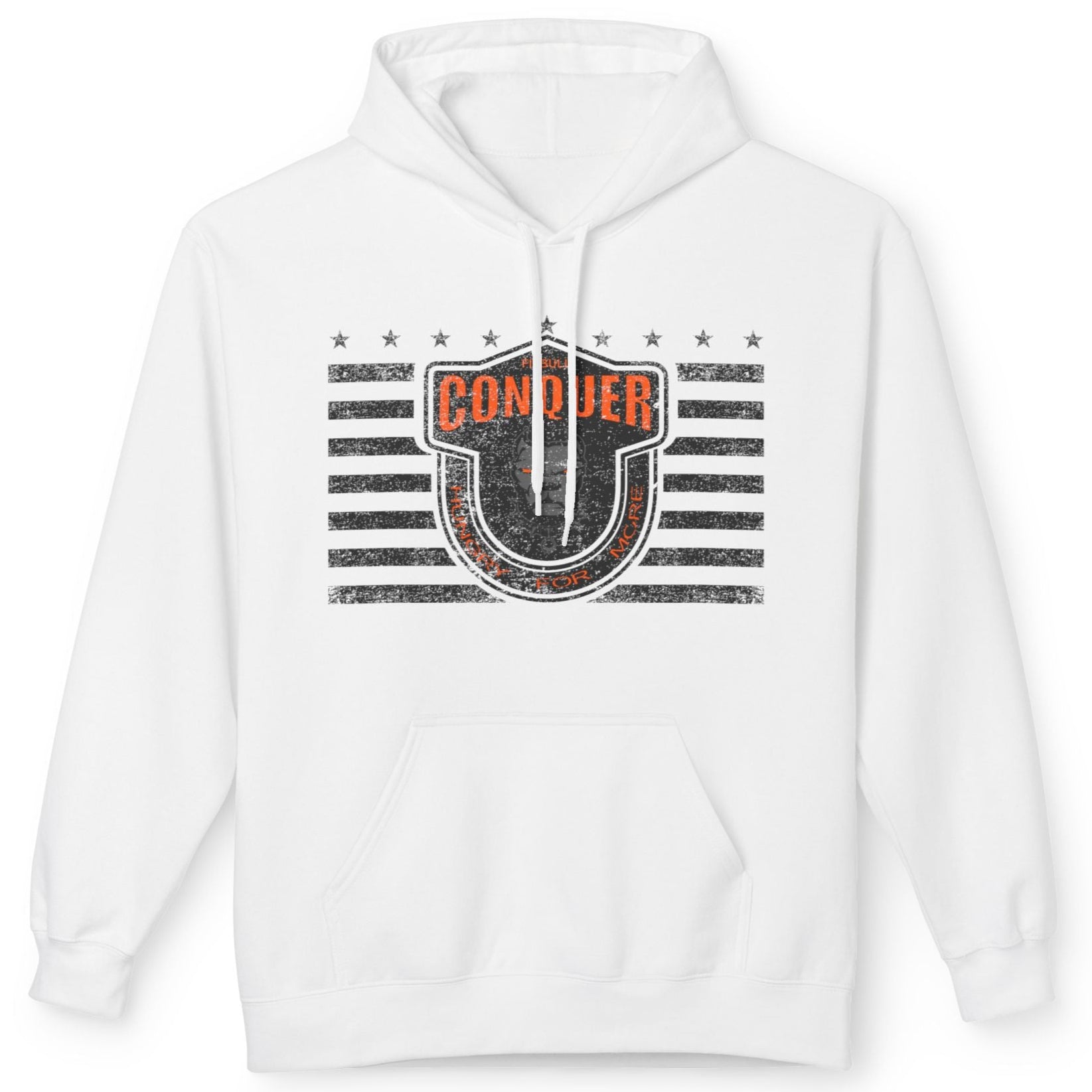 A white Fitbull sporty hoodie with bodybuilding motivating design Conquer with orange accents.