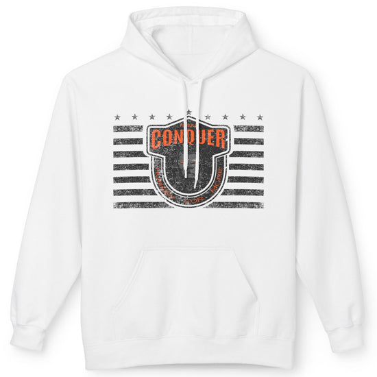 A white Fitbull sporty hoodie with bodybuilding motivating design Conquer with orange accents.