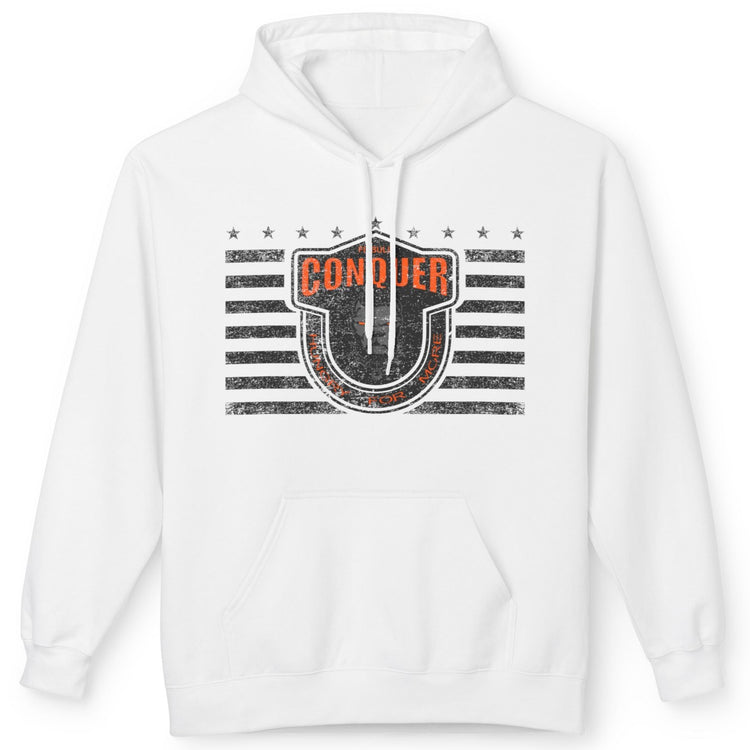 A white Fitbull sporty hoodie with bodybuilding motivating design Conquer with orange accents.