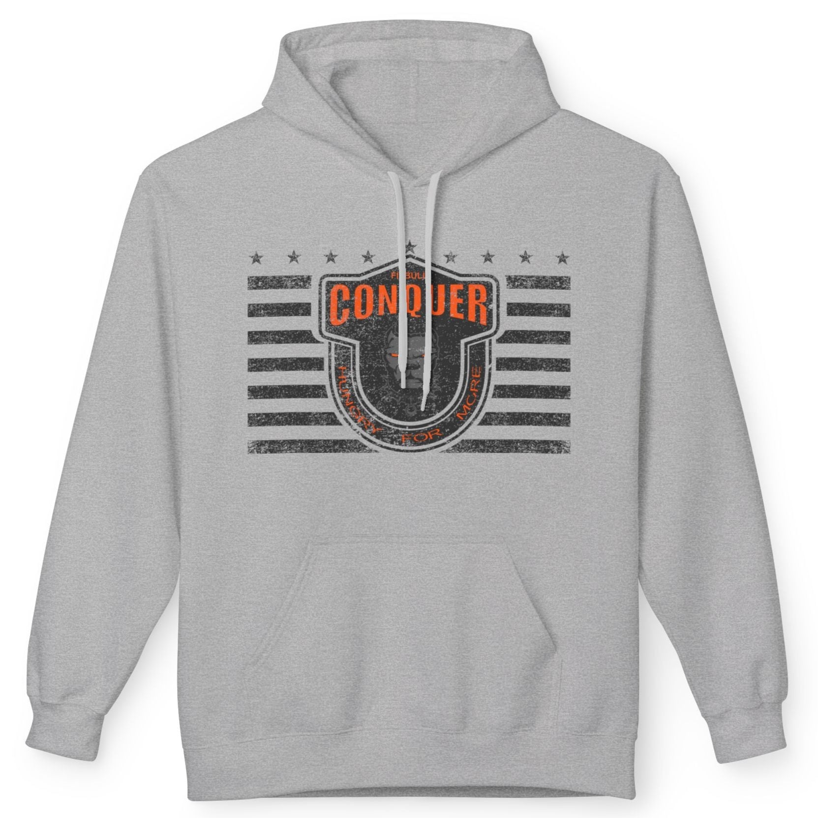 A grey  Fitbull sporty hoodie with bodybuilding motivating design Conquer with orange accents.