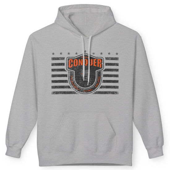 A grey  Fitbull sporty hoodie with bodybuilding motivating design Conquer with orange accents.