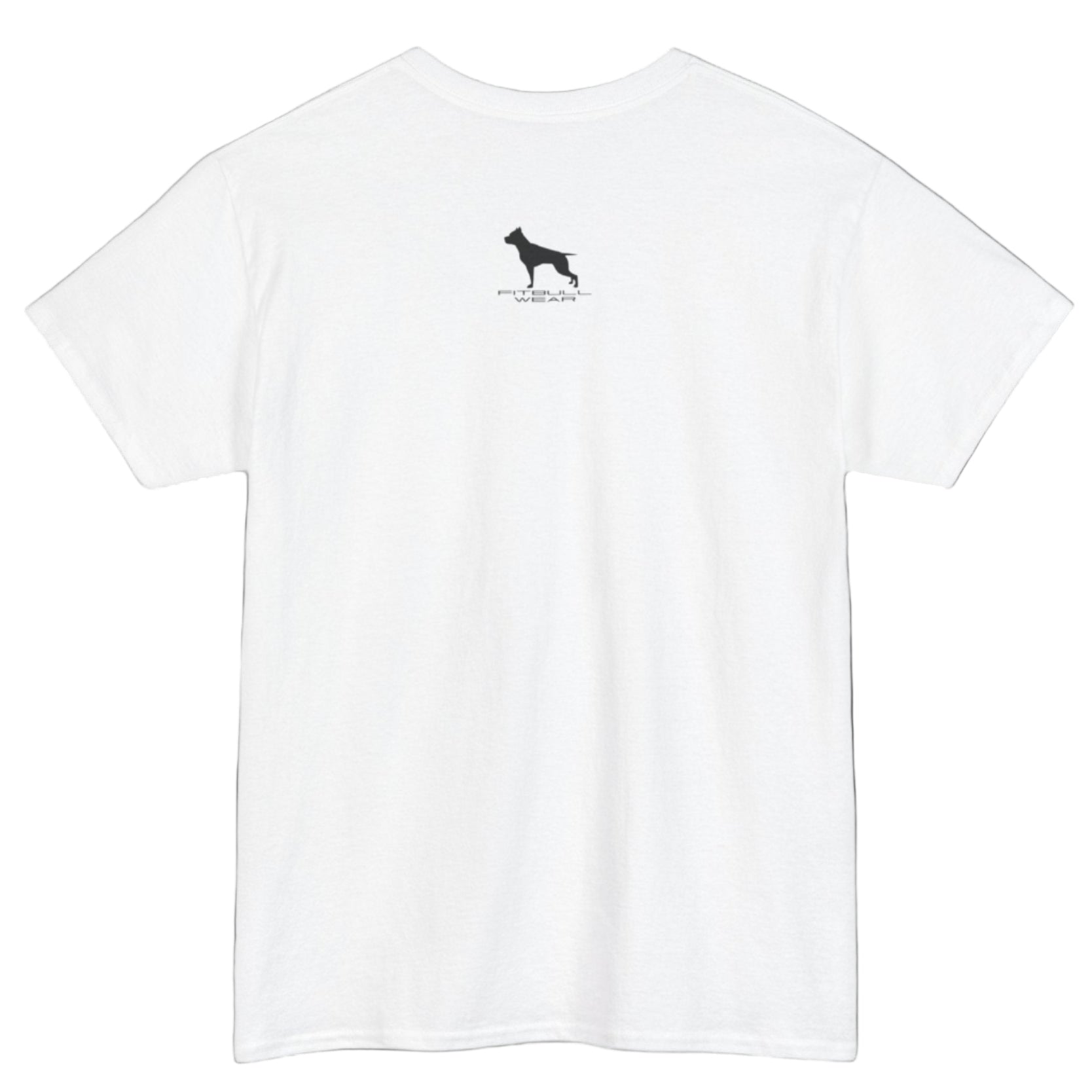 White  Fitbull fitnes gym T-shirt with a logo on the back side view.