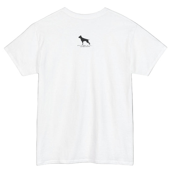 White  Fitbull fitnes gym T-shirt with a logo on the back side view.