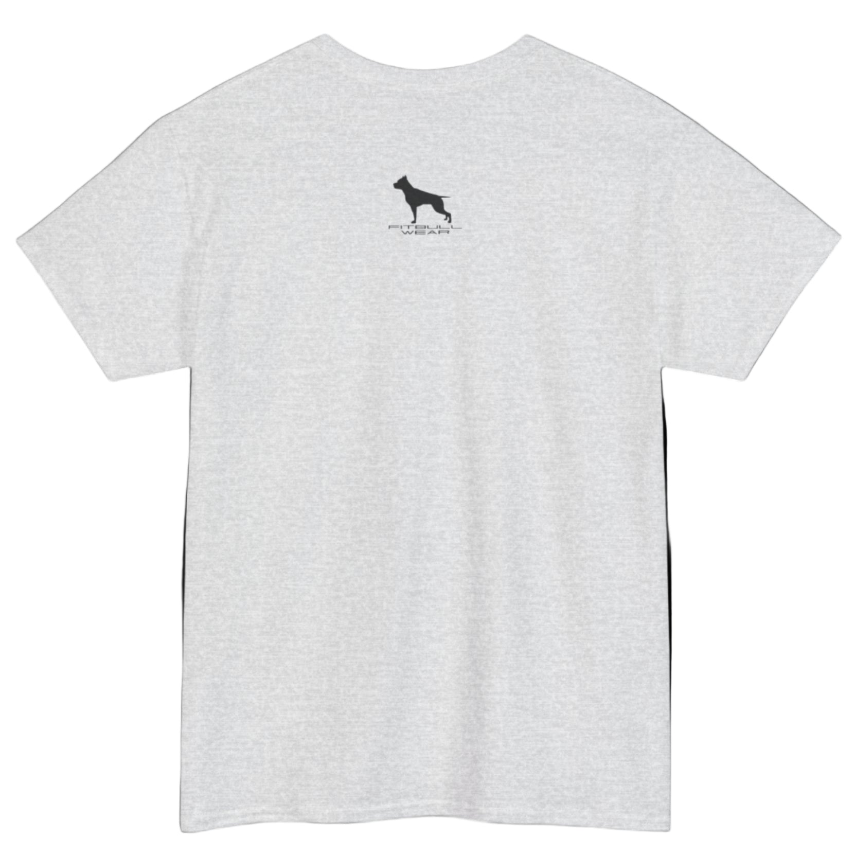 Grey  Fitbull fitnes gym T-shirt with a logo on the back side view.