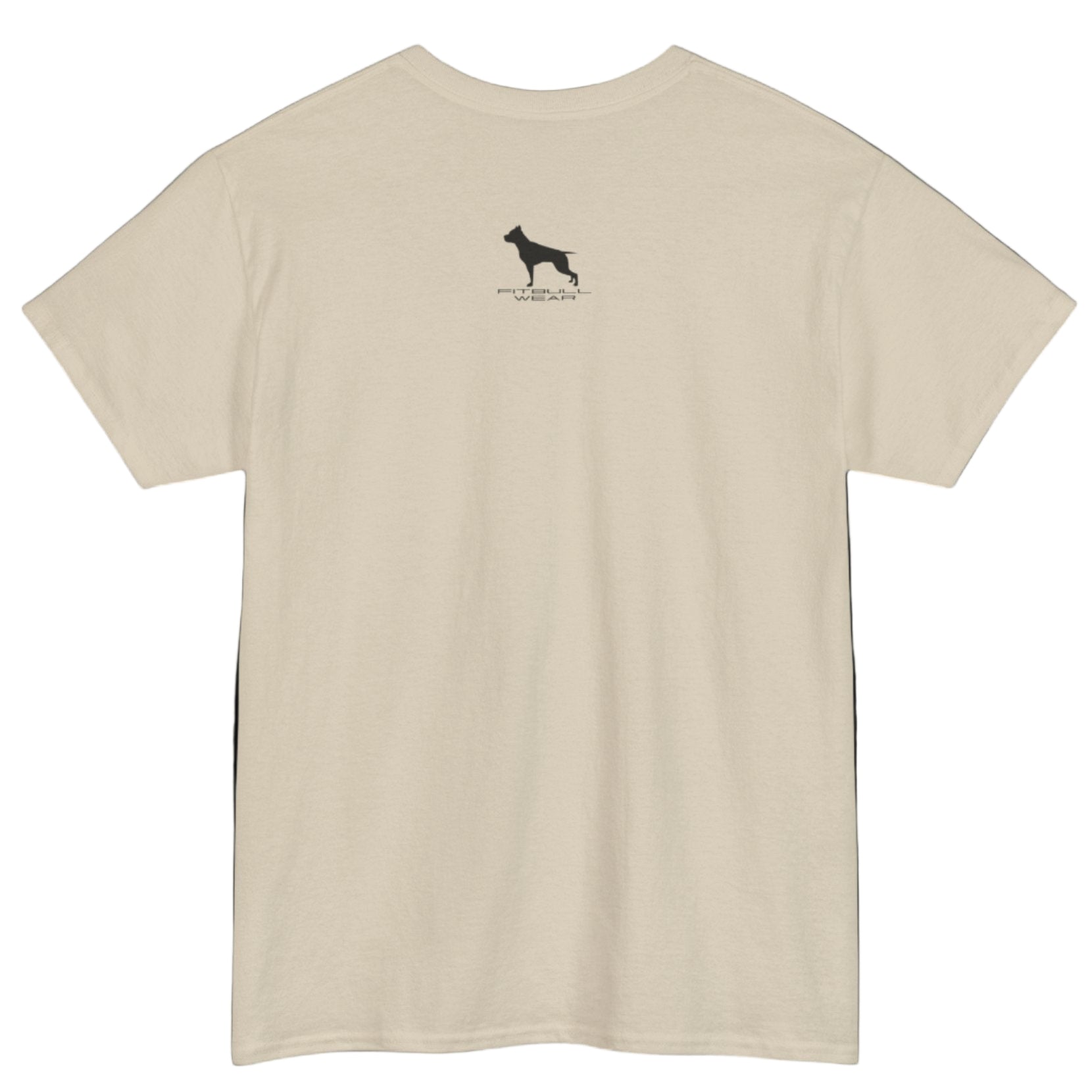 Beige Fitbull fitnes gym T-shirt with a logo on the back side view.