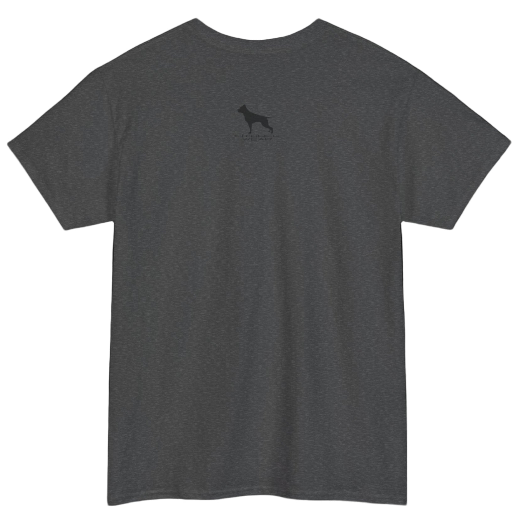Sport grey Fitbull T-shirt with a logo on the outer neck d view.