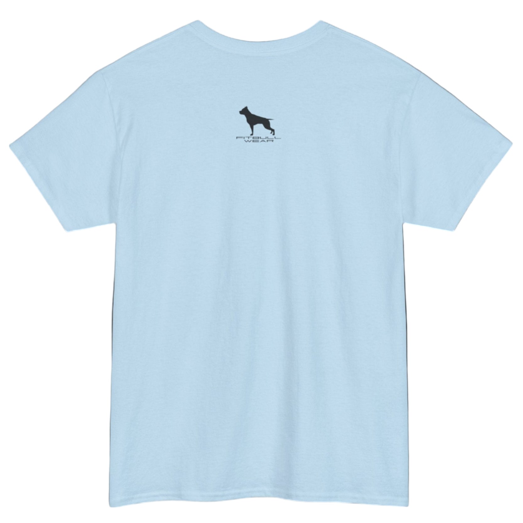 Light blue Fitbull T-shirt with a logo on the outer neck d view.